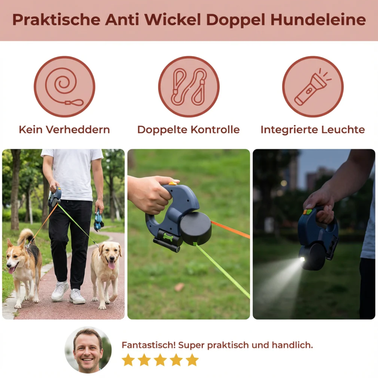 Doppel-Hundeleine mit LED-Licht