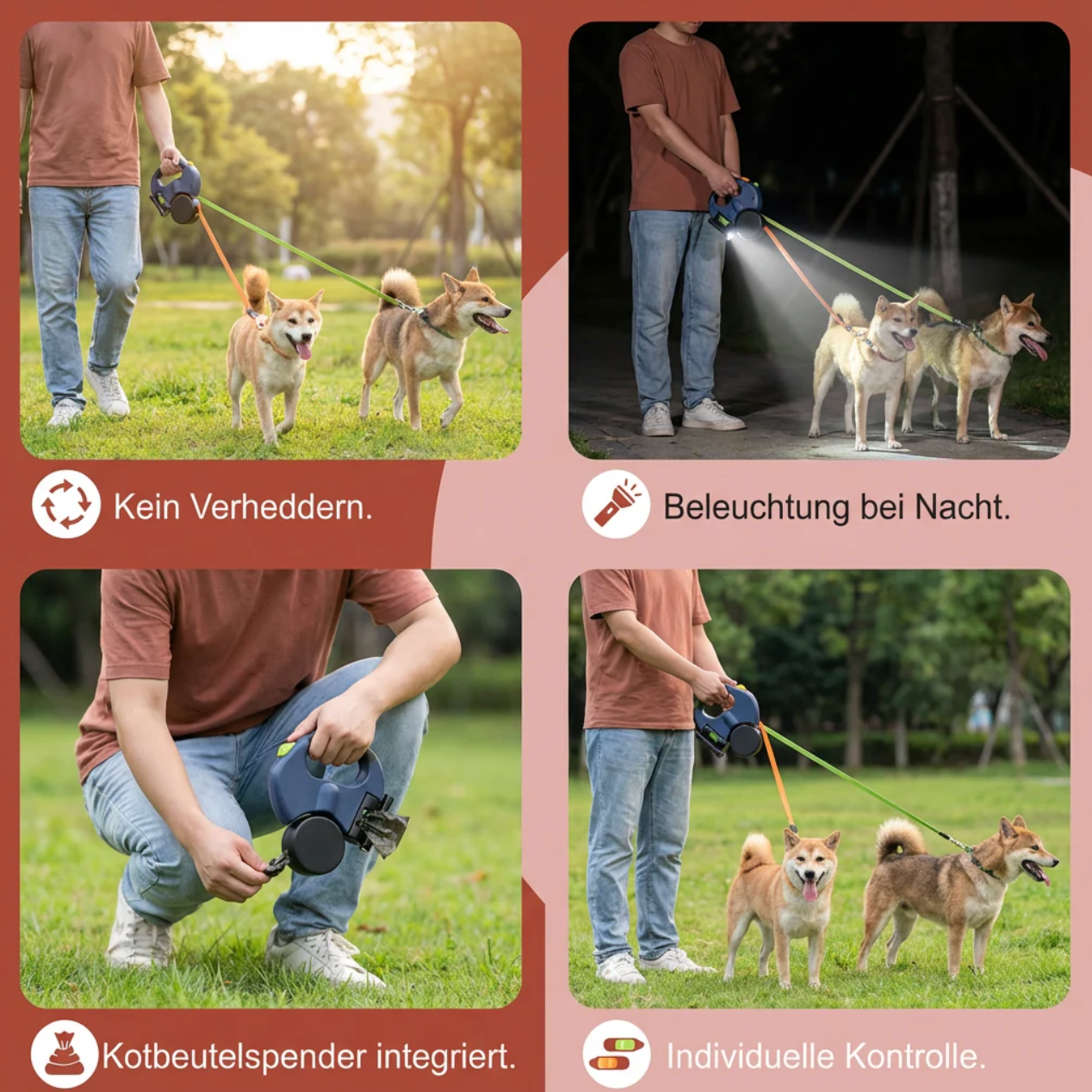 Doppel-Hundeleine mit LED-Licht