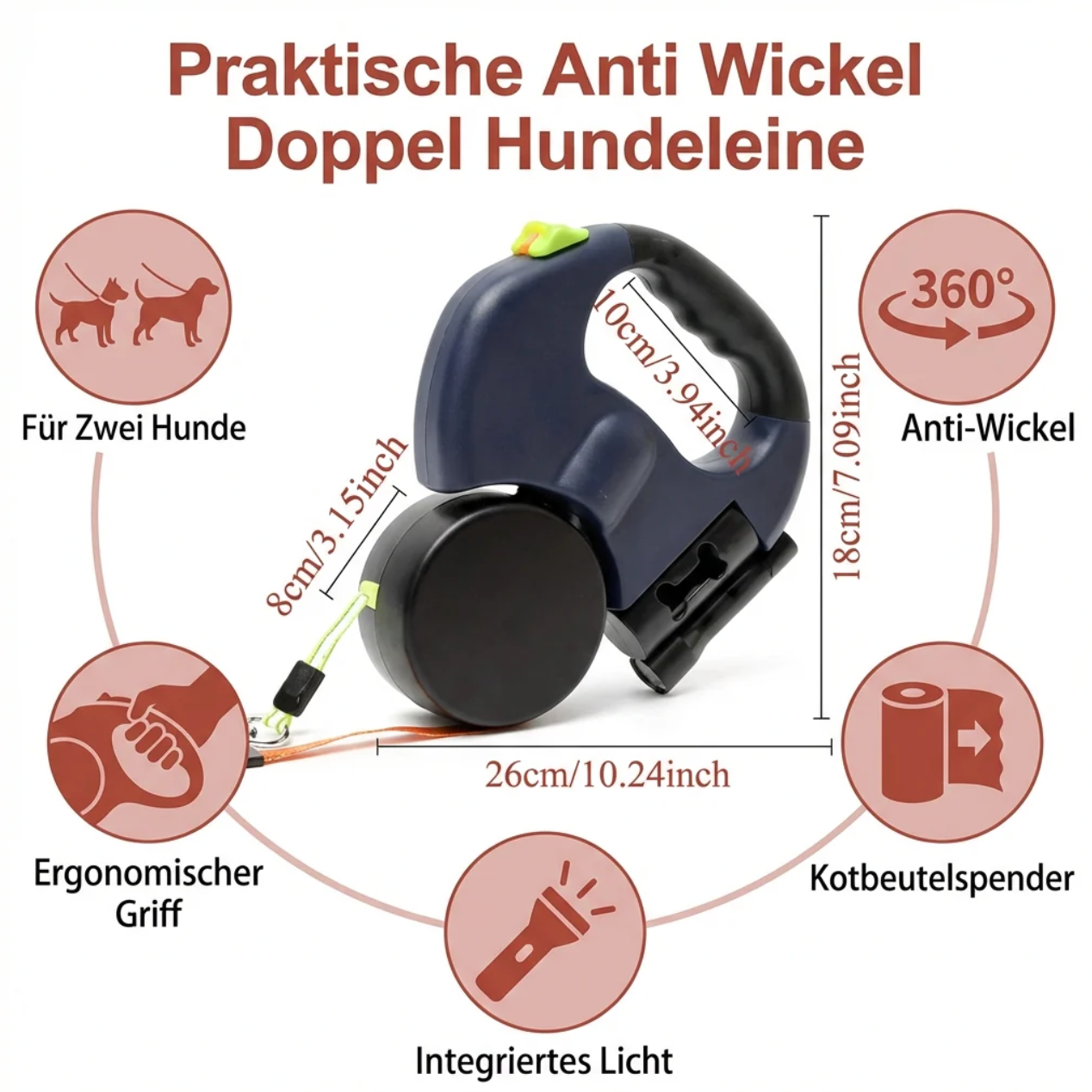 Doppel-Hundeleine mit LED-Licht