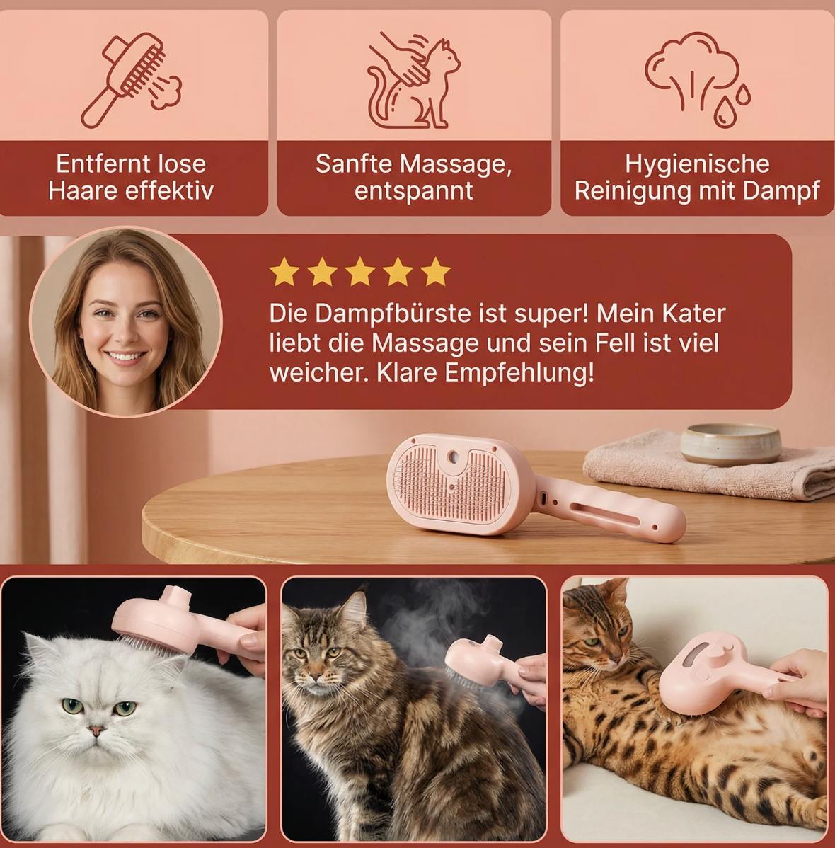 3-in-1 Dampf-Pflegebürste für Hunde & Katzen