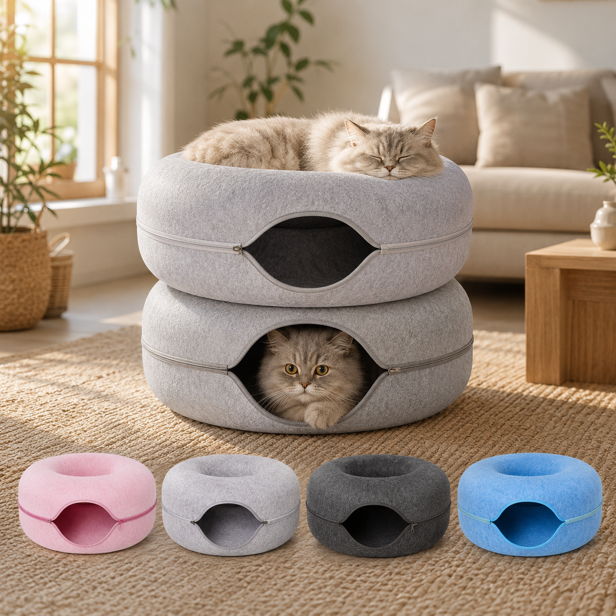 2-in-1 Donut Katzenbett mit Spieltunnel