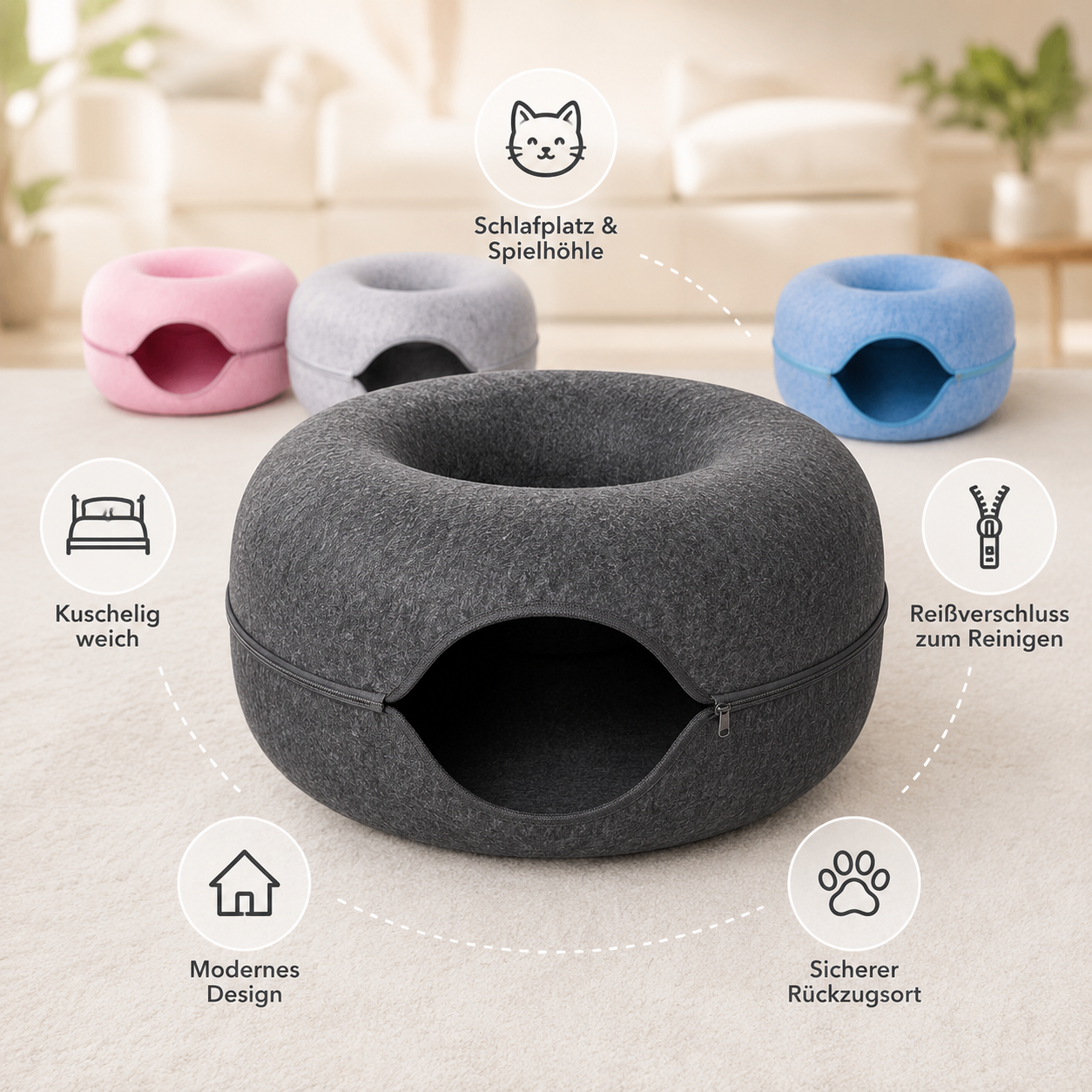 2-in-1 Donut Katzenbett mit Spieltunnel