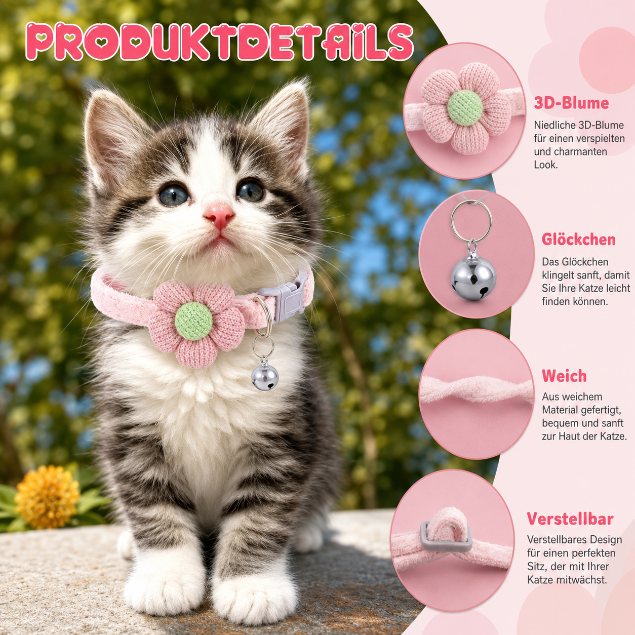 Katzenhalsband mit Glocke & Blume