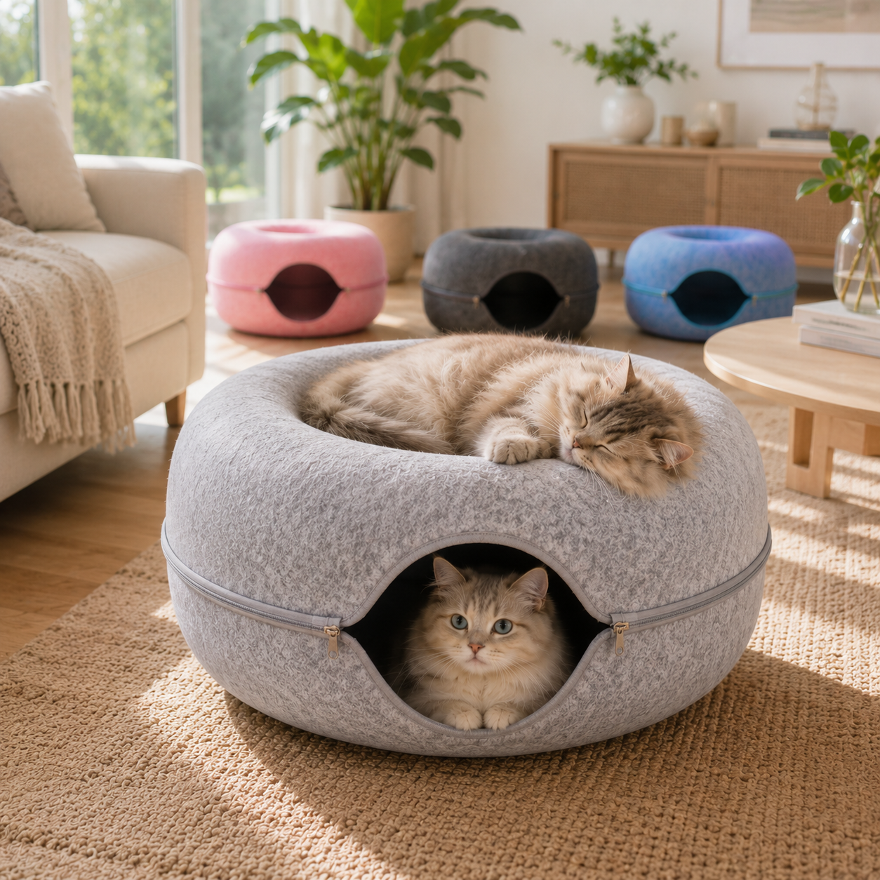 2-in-1 Donut Katzenbett mit Spieltunnel