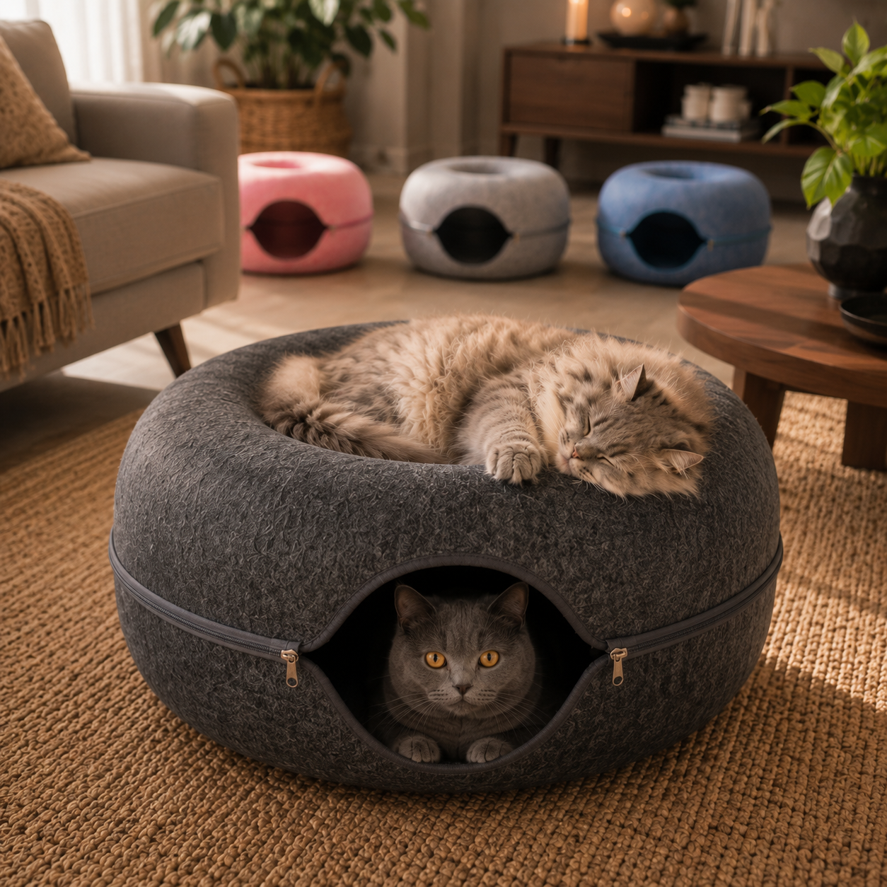 2-in-1 Donut Katzenbett mit Spieltunnel