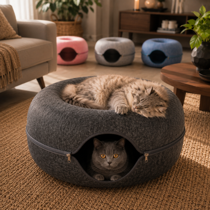 2-in-1 Donut Katzenbett mit Spieltunnel