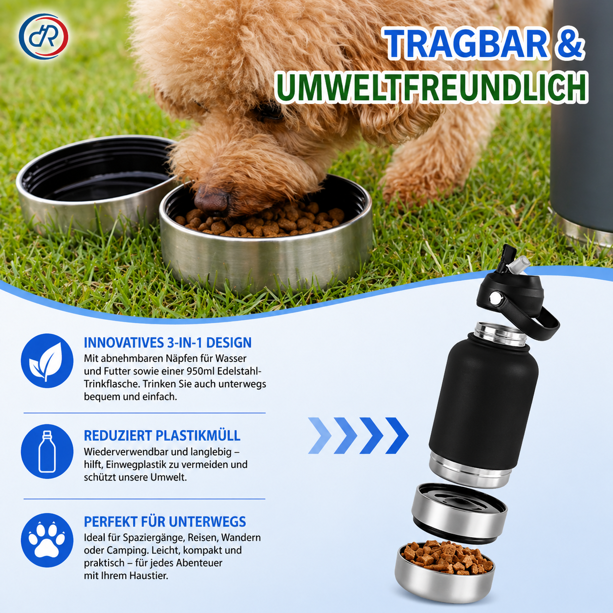 3-in-1 Trinkflasche für Hunde & Katzen