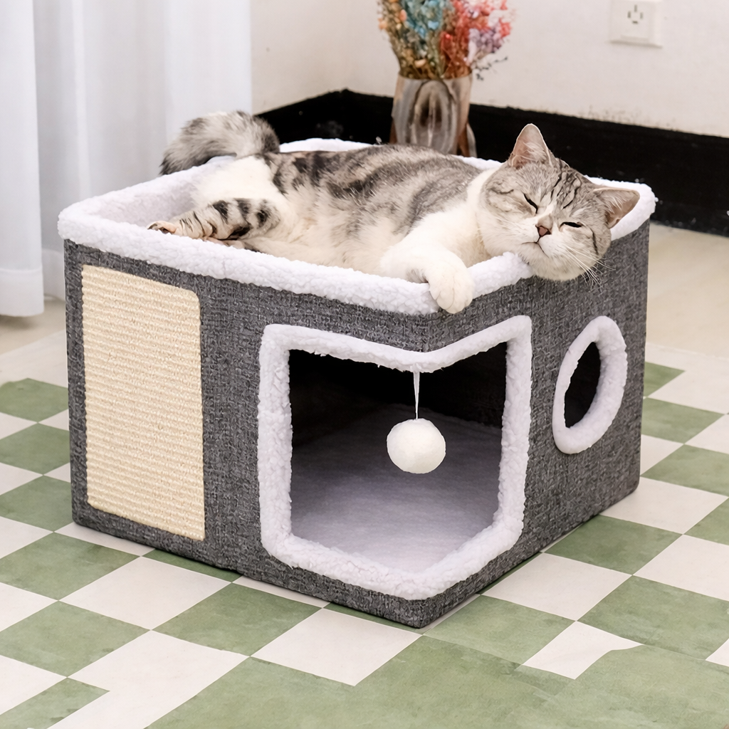 4-Jahreszeiten Katzenhaus mit Kratzbrett